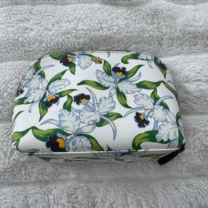 Tory Burch White and Green Floral Cosmetic Bag